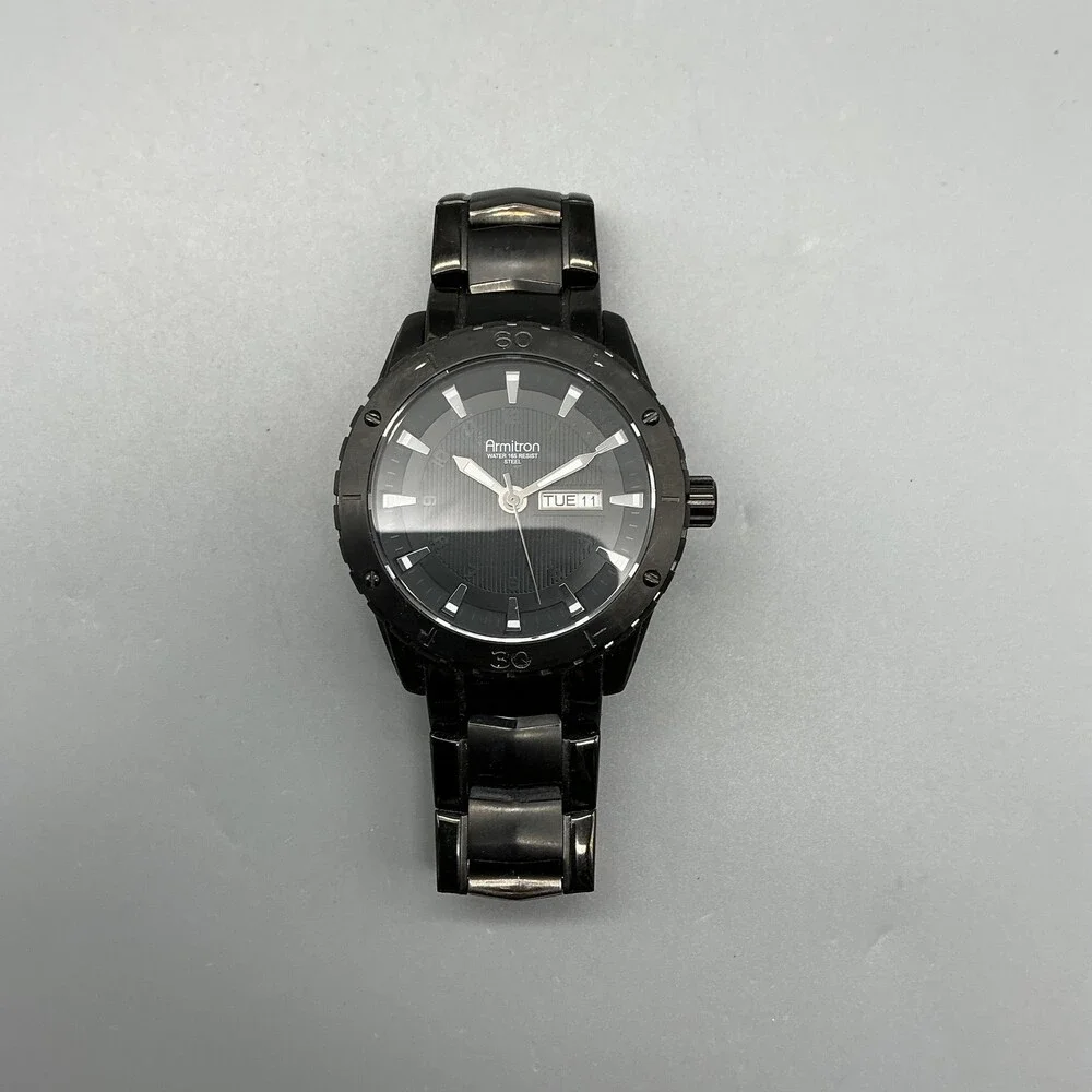 Armitron 20/4833HT Men Watch 43mm Black Dial Black Steel Day Date New Battery 7